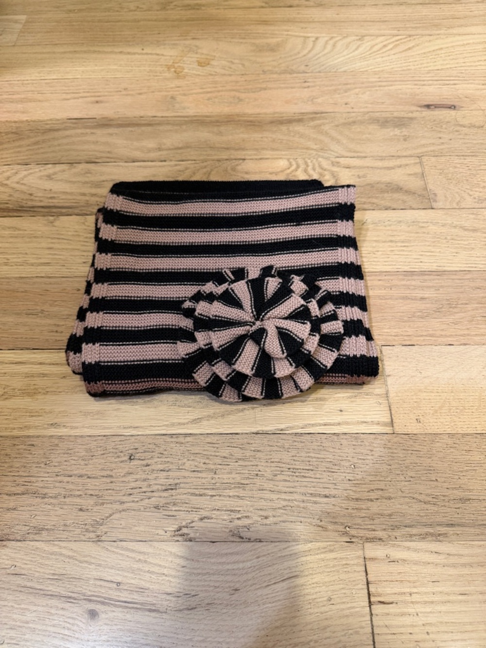 Sonia Rykiel Striped Knit Scarf with Rosette Accent - Black & Light Pink